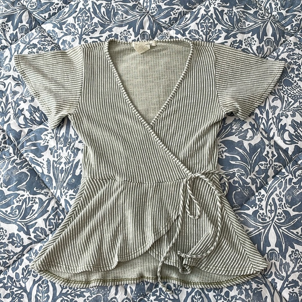 Sage green and white stripe peplum flare v-neck top